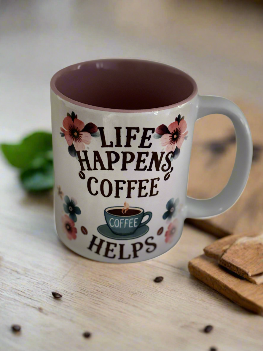 Life Happens Coffe Helps printed coffee mug