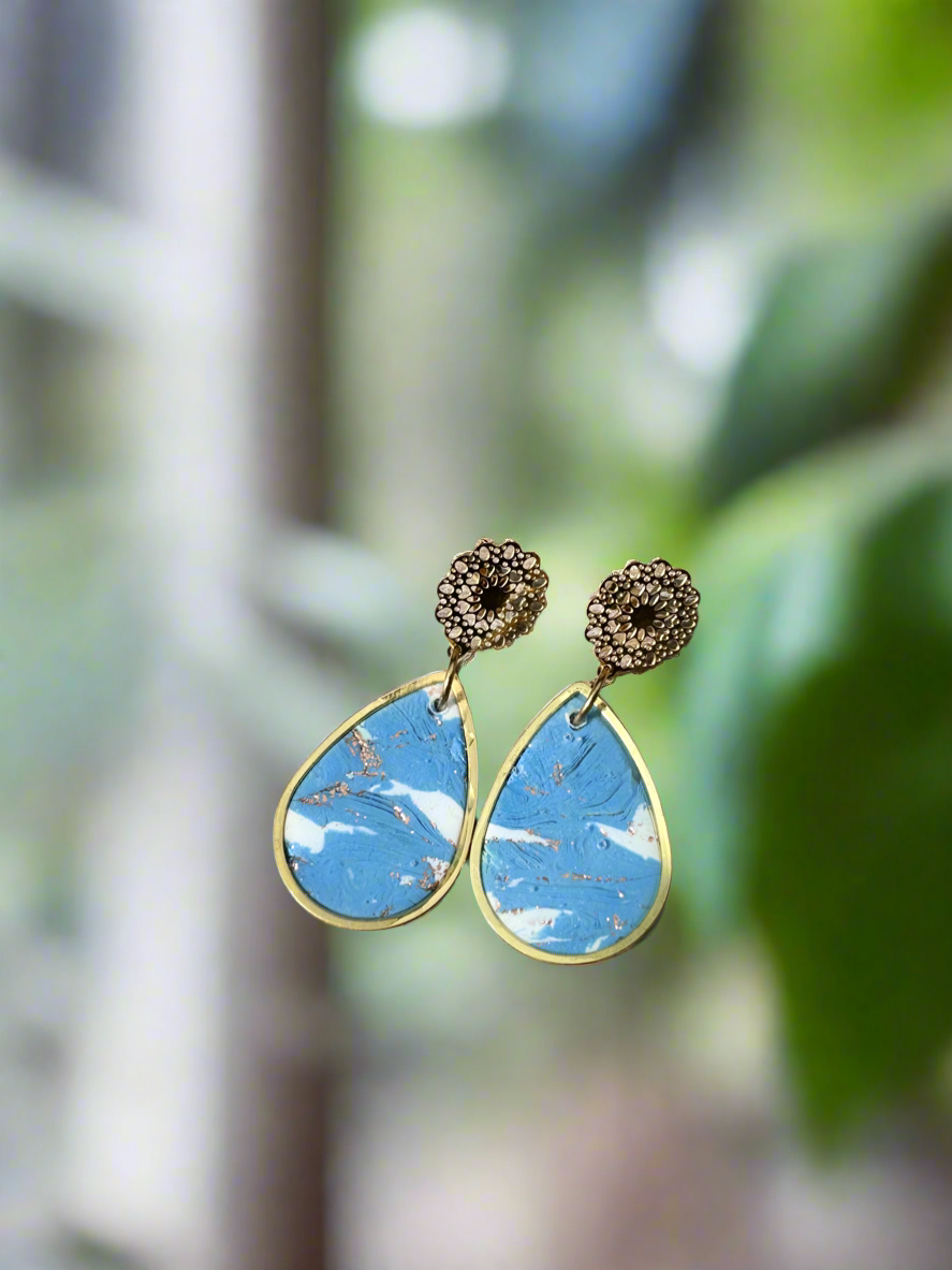 Blue Marble Look Flower Topper earrings
